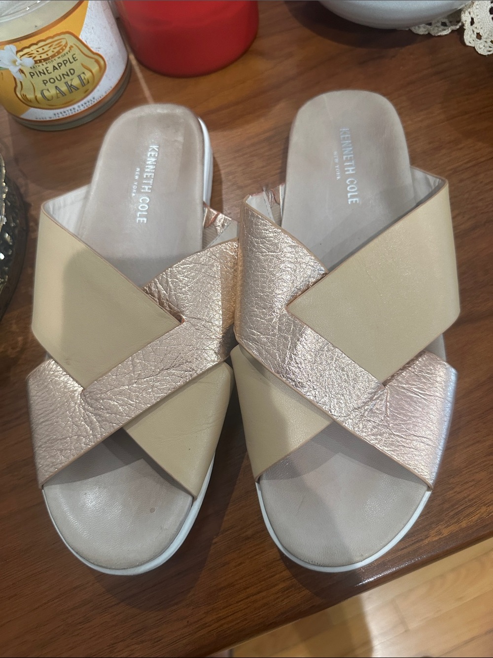 Kenneth Cole Beige and Rose Gold Crisscross Slide Mules